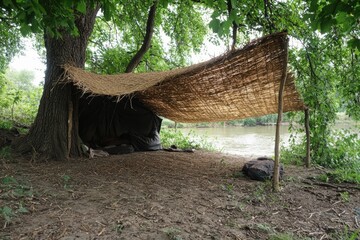 survivalist shelter made from natural materials, demonstrating how to create shade near riverbank. structure is supported by tree and offers protection from elements, showcasing resourcefulness