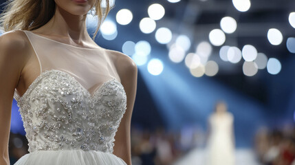 Elegant bridal gown with intricate beadwork, model on runway