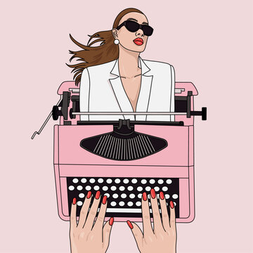 Stylized Woman with Sunglasses and Typewriter Illustration