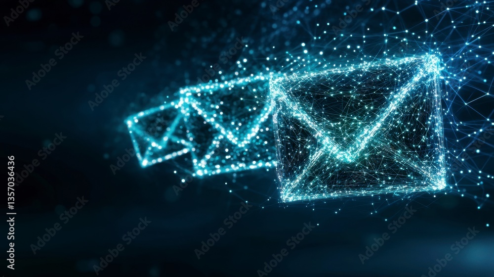 Poster abstract glowing digital envelopes floating in dark space, interconnected by glowing lines, conveyin