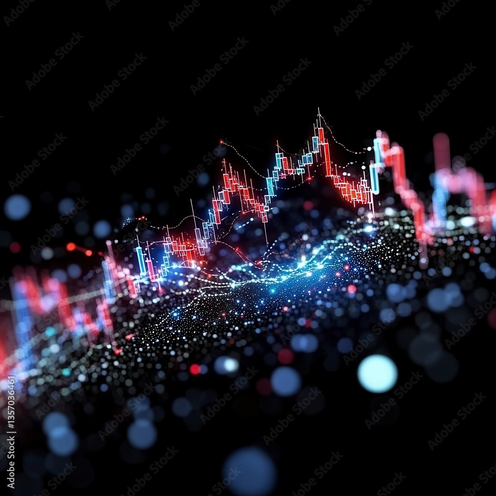 Aufkleber abstract financial data visualization with red and blue glowing lines, points, and bokeh lights on a