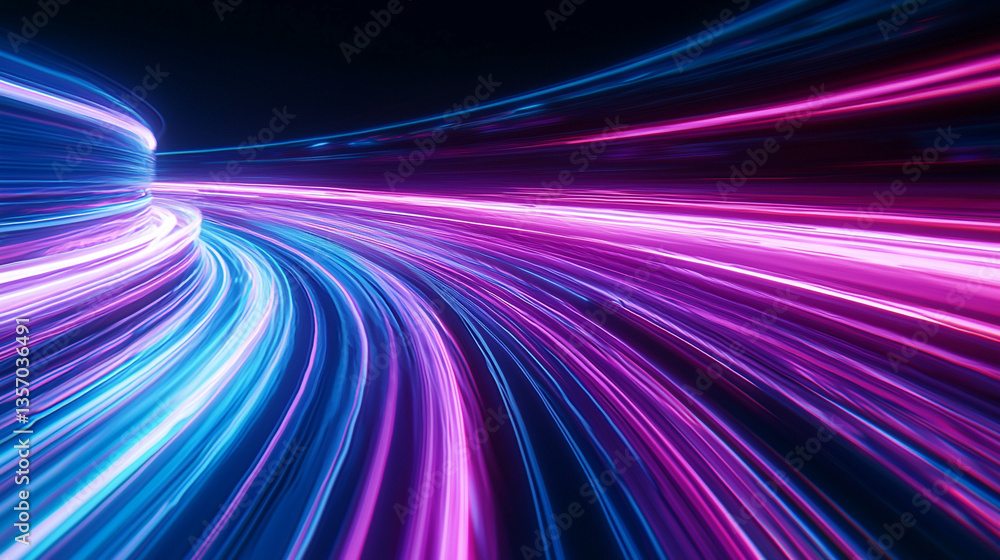 Poster abstract speed motion background with neon light trails in blue and purple colors creating a tunnel