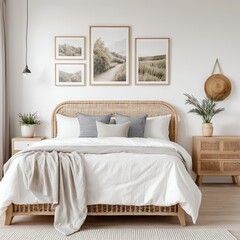 Bohemian Chic Bedroom Interior with Rattan Bed and Natural Decor