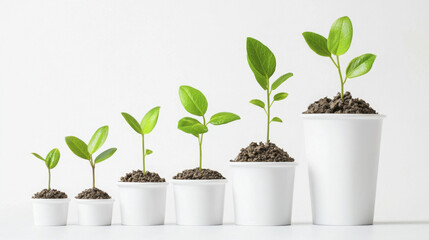 Growing plants in white pots, showcasing stages of development and vitality