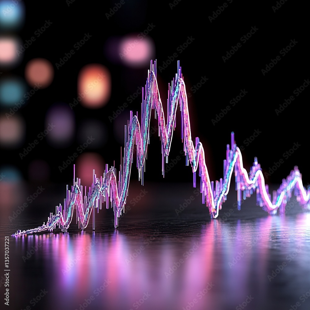 Poster abstract data visualization glowing purple and pink pixelated waveform on dark reflective surface, b
