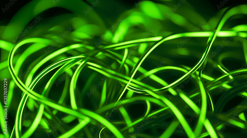 Poster a close up shot of many bright green cables intertwined on a dark background creating an abstract de