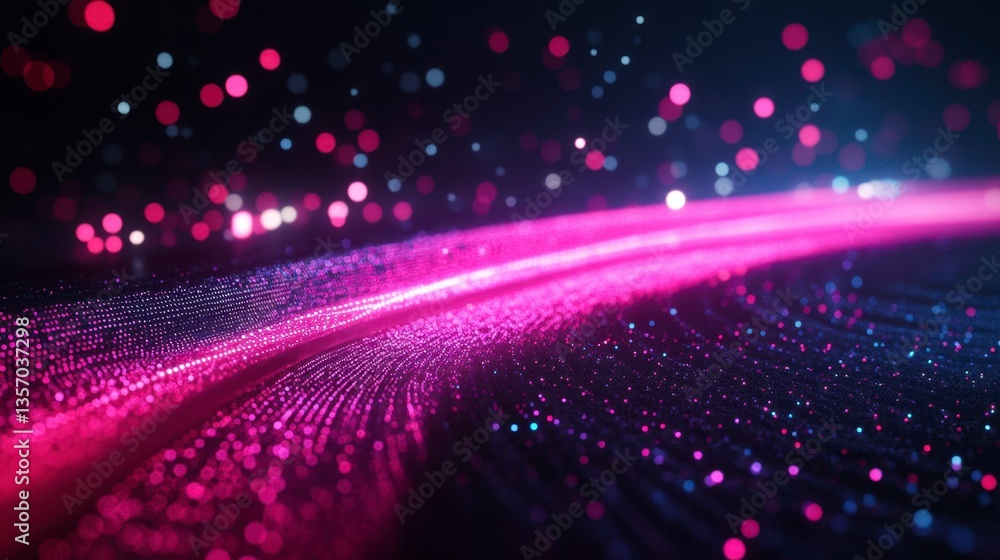 Poster abstract background with glowing pink and purple particles forming a curved line against a dark back
