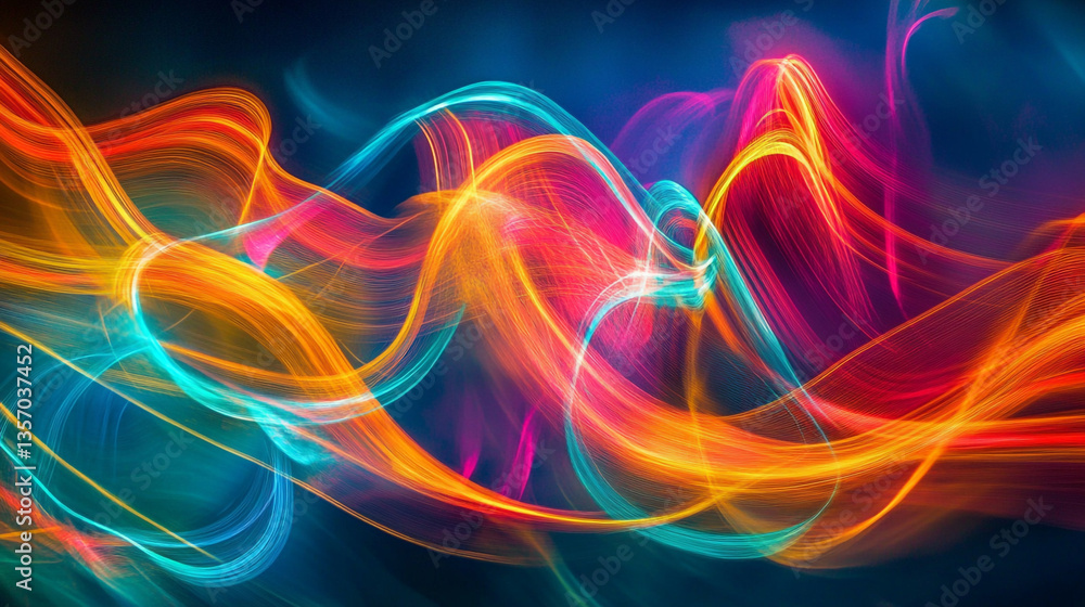 Poster Abstract flowing lines of vibrant colors creating a dynamic and energetic visual display on dark background