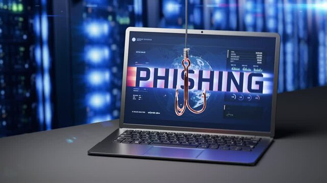 Fishing hook thrown over a laptop, the phishing and cyber attacks concept