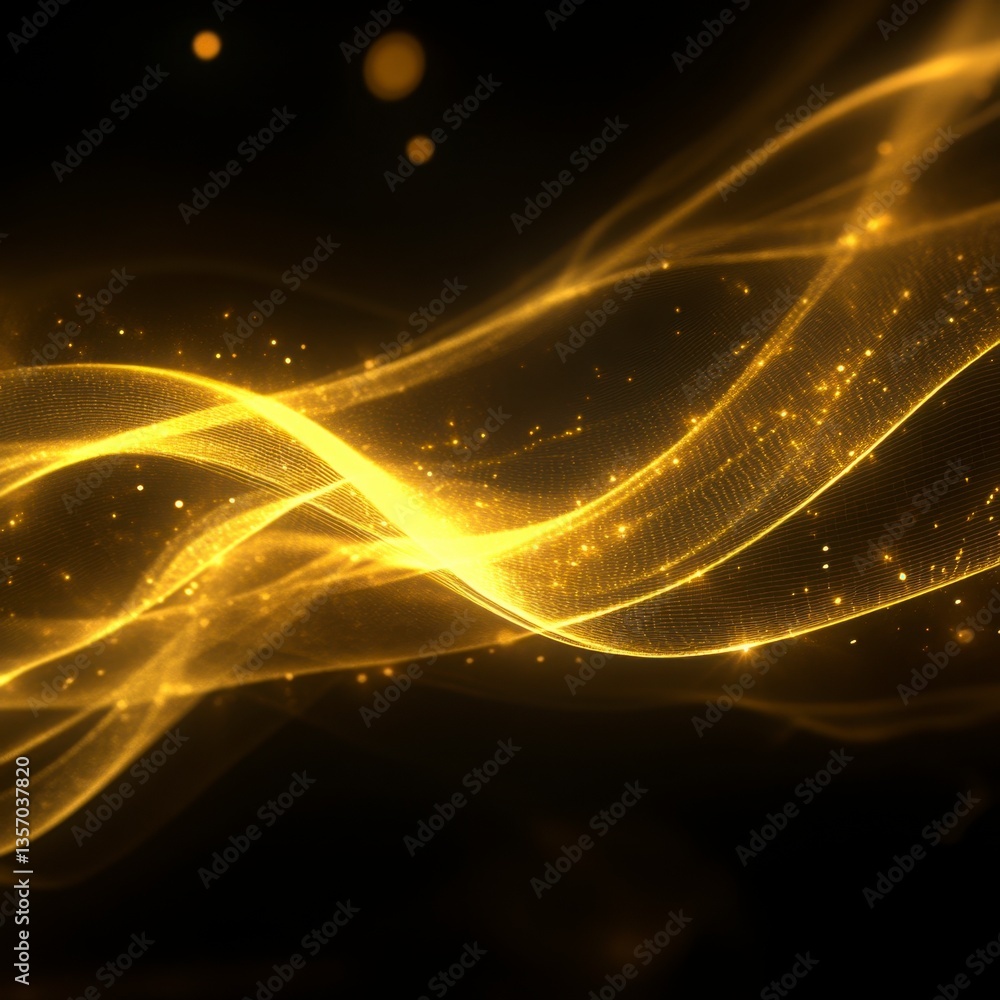 Poster abstract golden particles flowing in a wave pattern on a black background. glowing, elegant and luxu