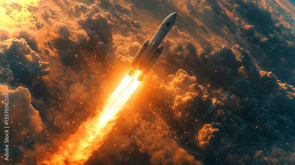 Poster a rocket is propelling itself into the sky, emitting bright flames and smoke while ascending through