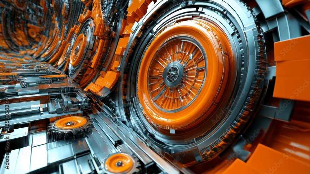 Poster abstract 3d rendering of intricate metallic machinery with orange and silver components. complex gea