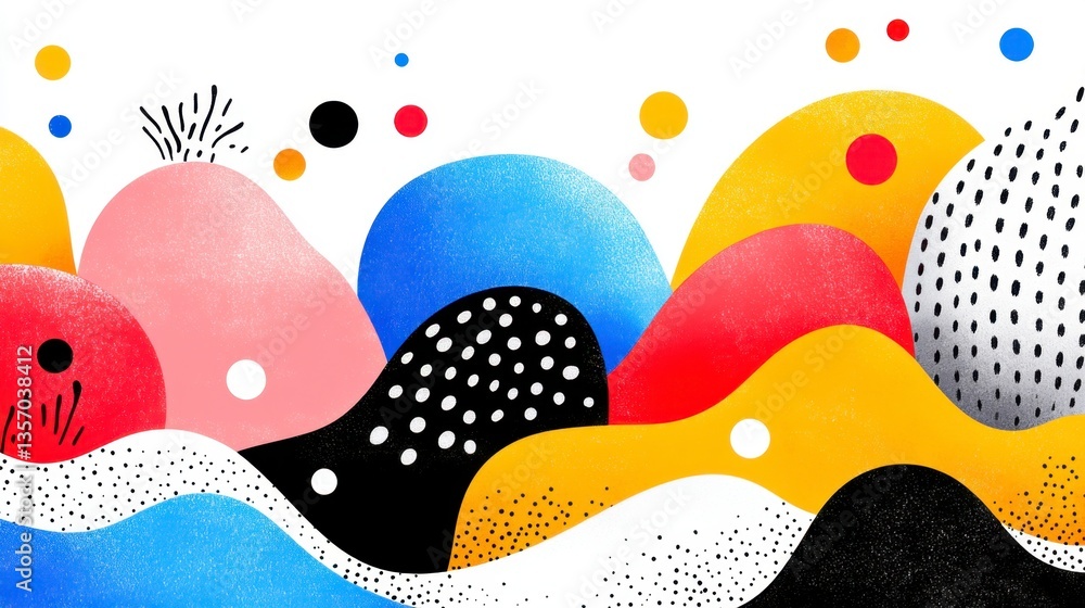 Poster abstract illustration featuring vibrant multicolored organic shapes, textured patterns, and a dynami