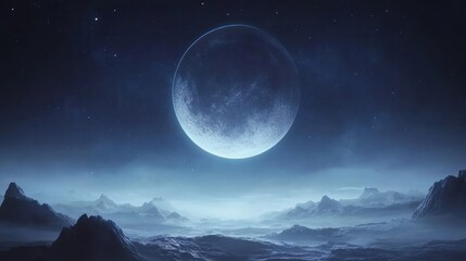 Giant moon hangs over a misty, mountainous alien landscape at night.