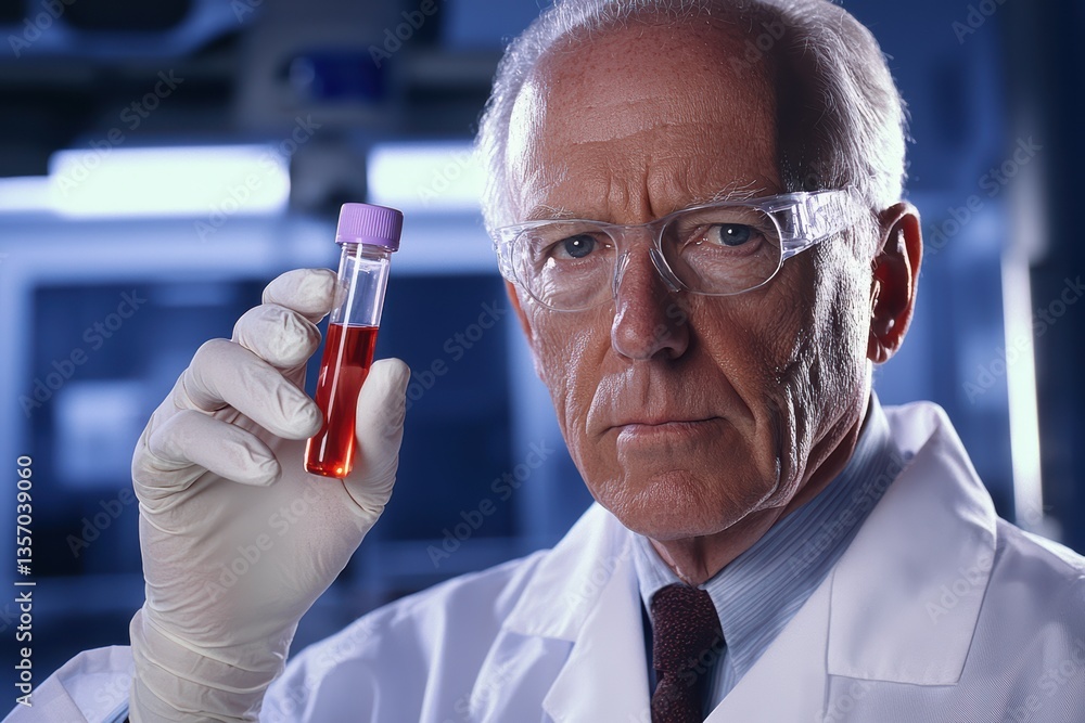 Poster scientist in lab coat is holding vial of red liquid, showcasing serious expression. laboratory setti