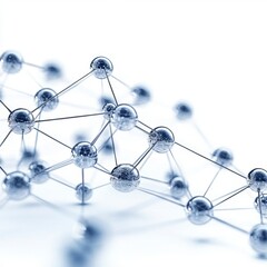 Abstract 3D rendering of a network of interconnected spheres, metallic gray and cool blue tones against a bright white background.