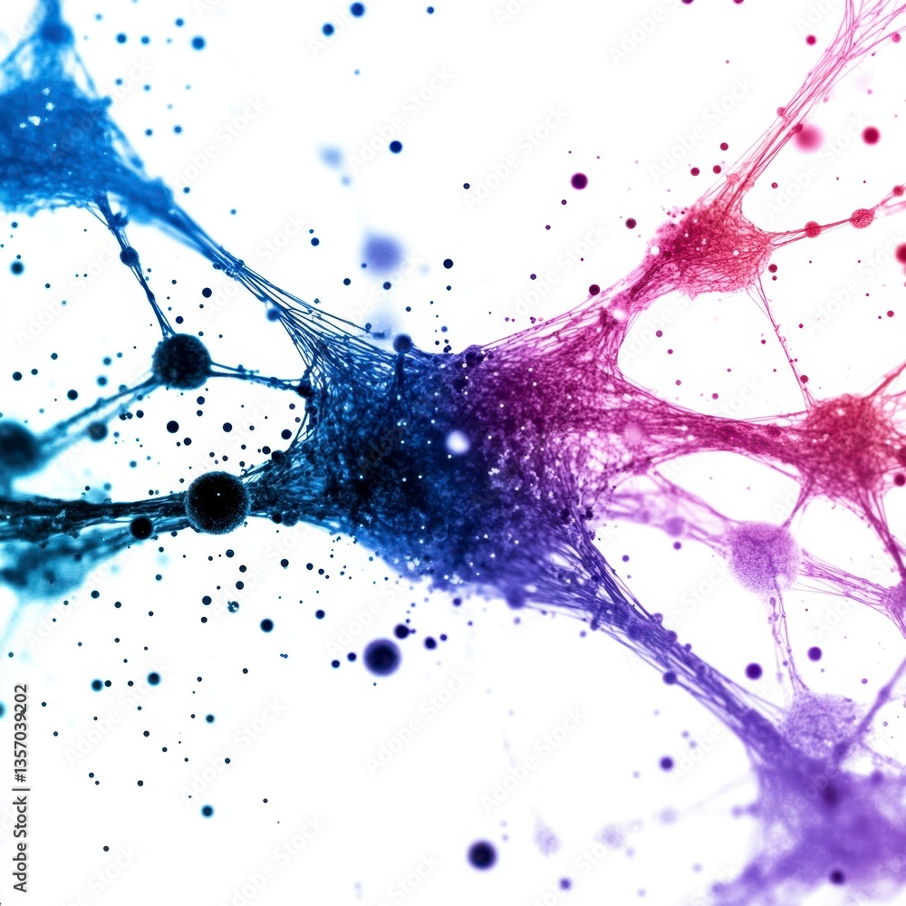 Poster abstract image depicting a neural network with interconnected nodes in shades of blue, red, and purp