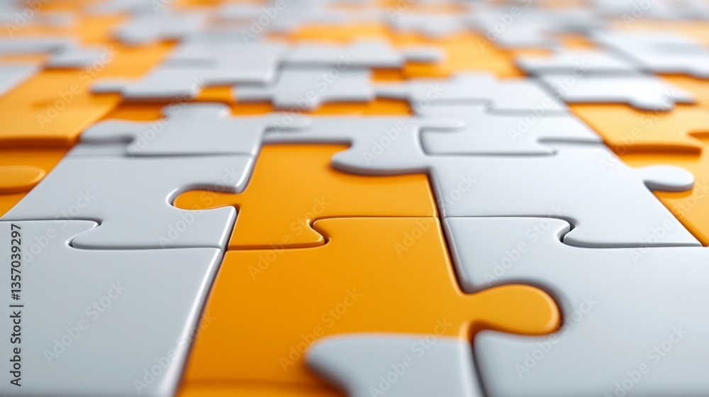 Poster abstract close up of white and orange jigsaw puzzle pieces. interlocking shapes create a textured su