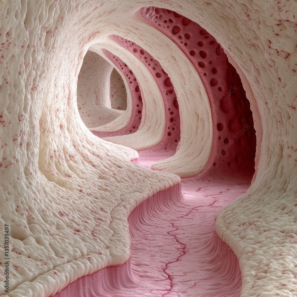 Aufkleber Abstract 3D rendering of a pink and white organic tunnel with a textured surface and a flowing pink stream at the bottom.