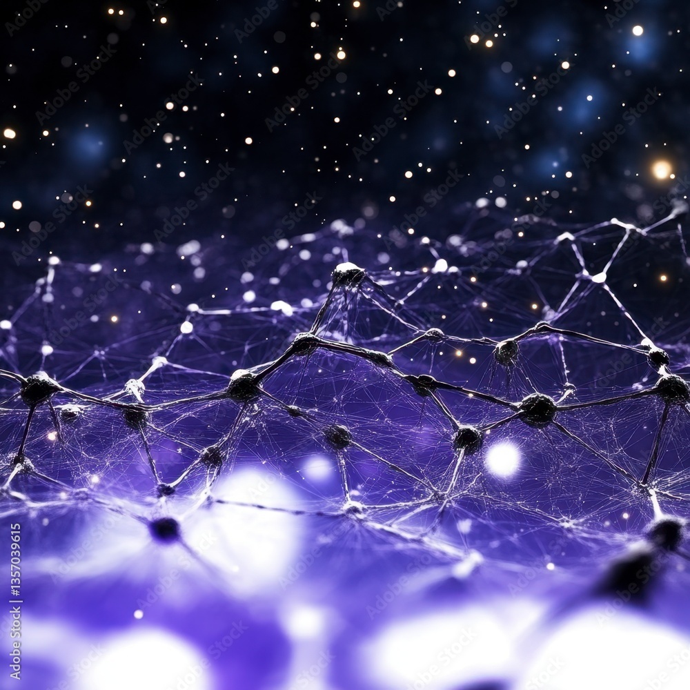 Poster abstract purple and white network connection on a dark starry background. glowing nodes and lines cr