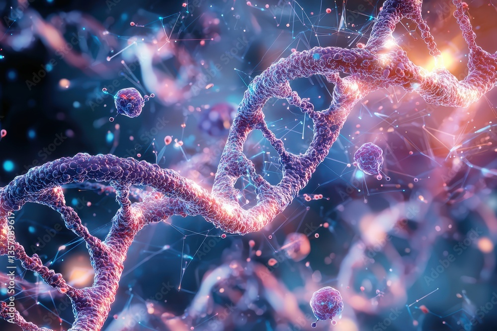 Poster artistic representation of dna strands intertwined with vibrant colors and glowing particles, symbol