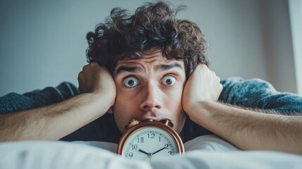 A person struggling to get out of bed, looking at an alarm clock with a confused expression, symbolizing sleep disruption from daylight saving