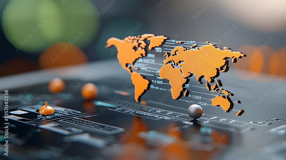 Poster a detailed digital representation of the world map showcasing the interconnectedness of global techn