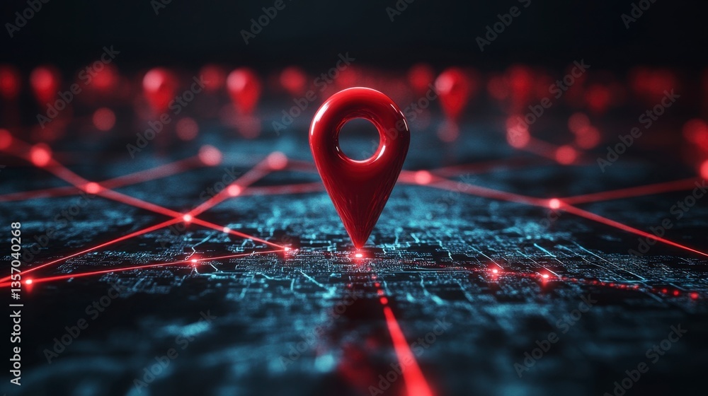 Poster red location pin on a dark, abstract map with glowing lines. network concept, digital technology, na