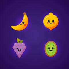 Cute smiling fruit characters including banana, lemon, grapes, and kiwi on dark background