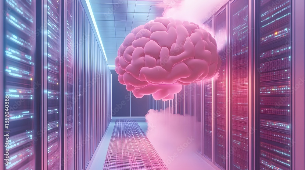 Poster an illustrative image of a human brain in a server room. the brain is floating amidst cloud-like par