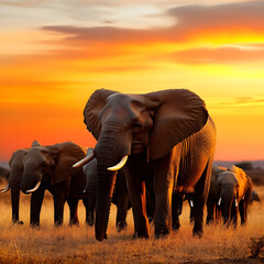 Fototapeta premium Elephants walking in the african savannah at sunset