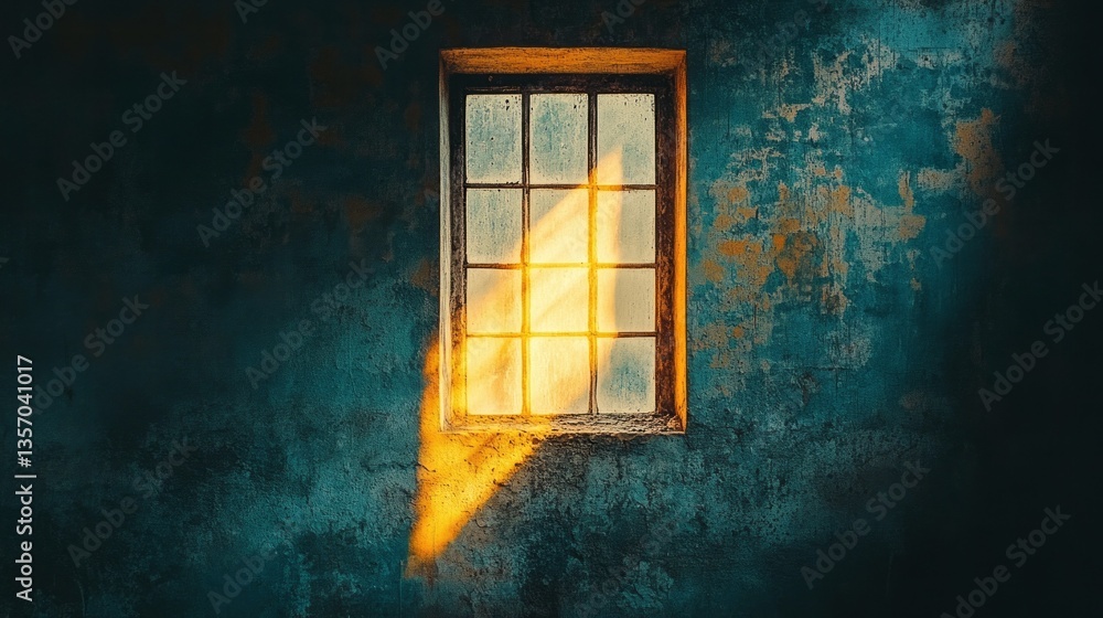 Poster warm sunlight pierces through a vintage window, casting golden rays onto a dusty, textured wall fill
