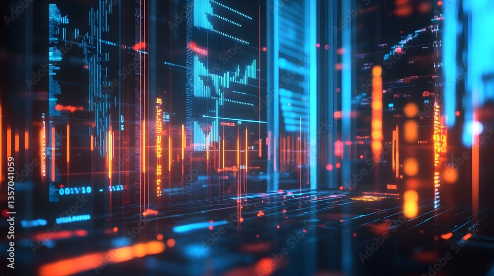 Poster a dynamic digital landscape with a futuristic aesthetic, displaying data streams and high-tech eleme