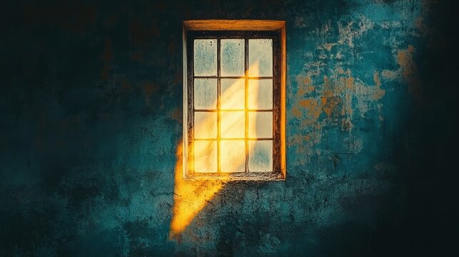 Warm sunlight pierces through a vintage window, casting golden rays onto a dusty, textured wall filled with age and character, creating a serene atmosphere perfect for reflection.