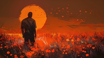 Silhouetted Man Stands Amidst Orange Flowers Under Oversized Sun