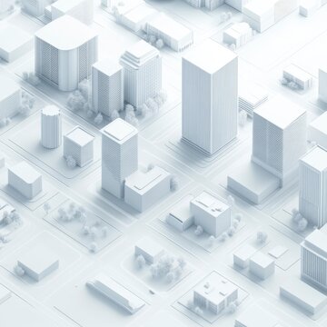 Fototapeta Abstract 3D rendering of a cityscape, monochromatic white buildings and streets, minimalist design, geometric shapes, aerial perspective.