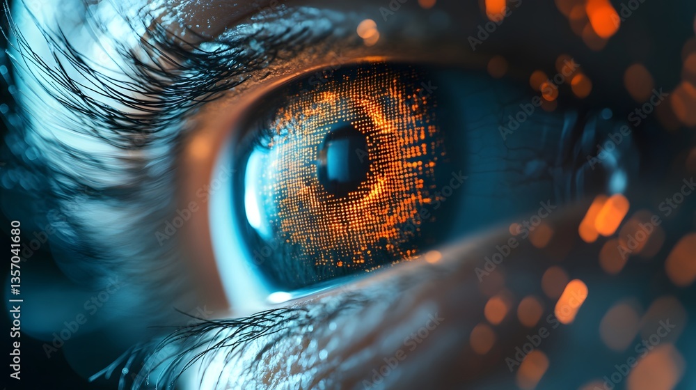 Poster a close-up shot of a digital eye. the iris is filled with intricate digital patterns, representing t