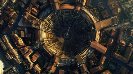 Obraz premium Aerial view of a circular urban layout featuring historical buildings and vibrant streets