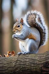 Obraz premium Curious Grey Squirrel Sits on a Branch Enjoying a Snack During Autumn, Wildlife Photography