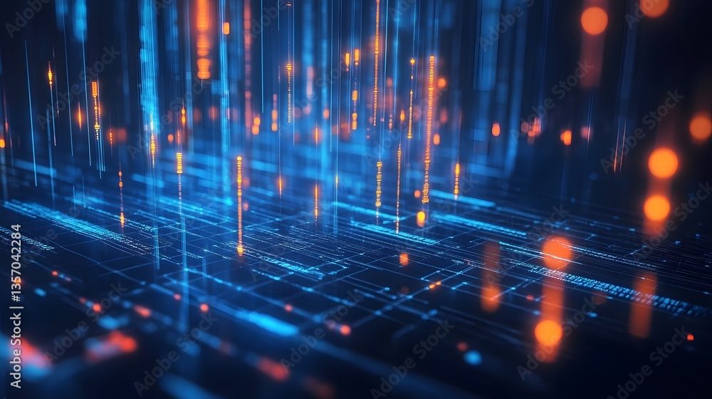 Poster a futuristic digital abstract with glowing blue and orange lights, creating a sense of technological