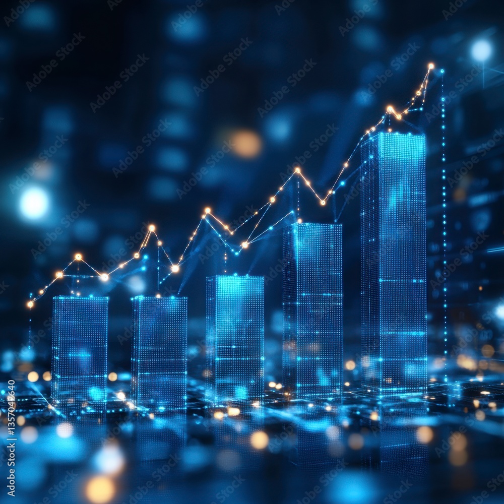 Poster abstract digital rendering of an ascending bar graph showcasing market growth, illuminated in blue a