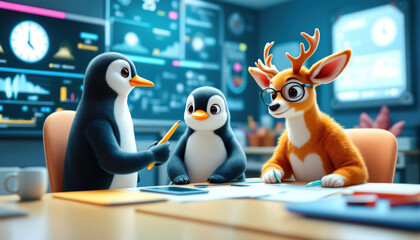 A group of cartoon animals having a meeting in an office setting