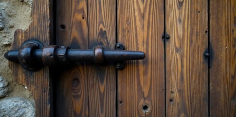 Close-up of weathered wooden door with rustic iron hinges in ancient castle fortress, castle, wooden, medieval