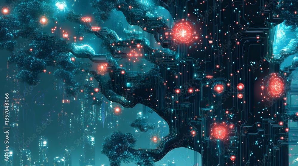 Poster a digital rendering of a futuristic city with a focus on the illuminated tree in a sci-fi setting. i