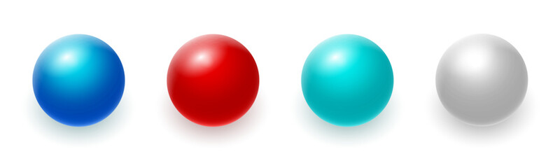 Set of four colorful glossy spheres isolated on white background, featuring blue, red, cyan, and silver balls with reflections and soft shadows