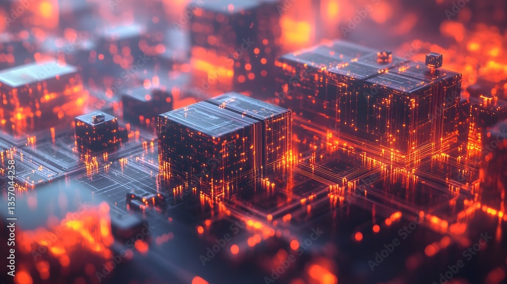 Poster a digital cityscape illuminated by glowing lines and shapes, illustrating the concept of interconnec
