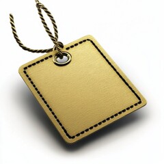 Blank gold gift tag with black stitching, hanging from a golden cord, isolated on white background. Perfect for adding your own message or design.