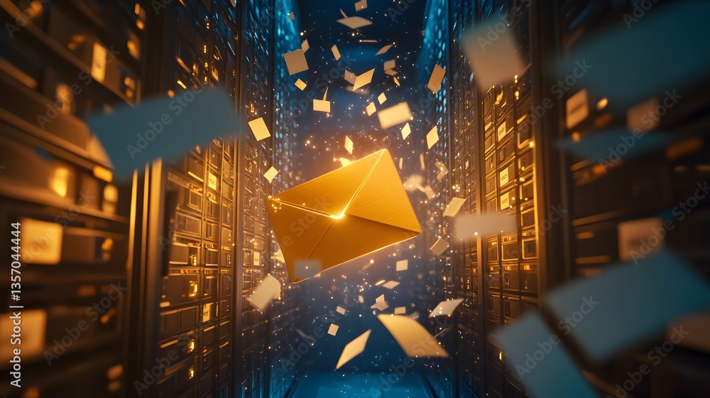 Poster an abstract image of a glowing golden email envelope floating amidst a data center setting, with flo