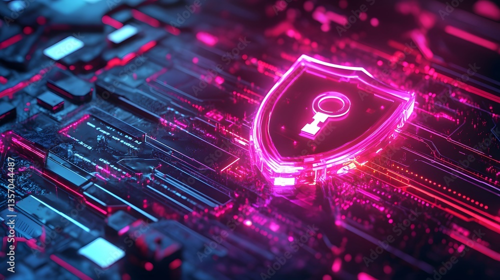 Poster an illuminated shield symbol with a lock icon, symbolizing data protection and cybersecurity on circ