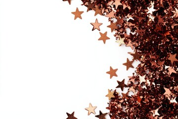 Shimmering copper star confetti scattered on a white background, perfect for festive celebrations